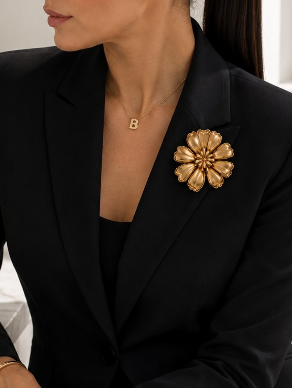 Gold Tone Sculptural Flower Brooch 3” Statement Vintage Style Pin